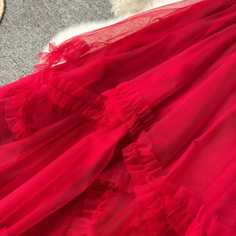 Sweetheart Fairy Dreamy Asymmetrical Tulle Skirt, High Waist A-Line Midi Layered Skirts for Women