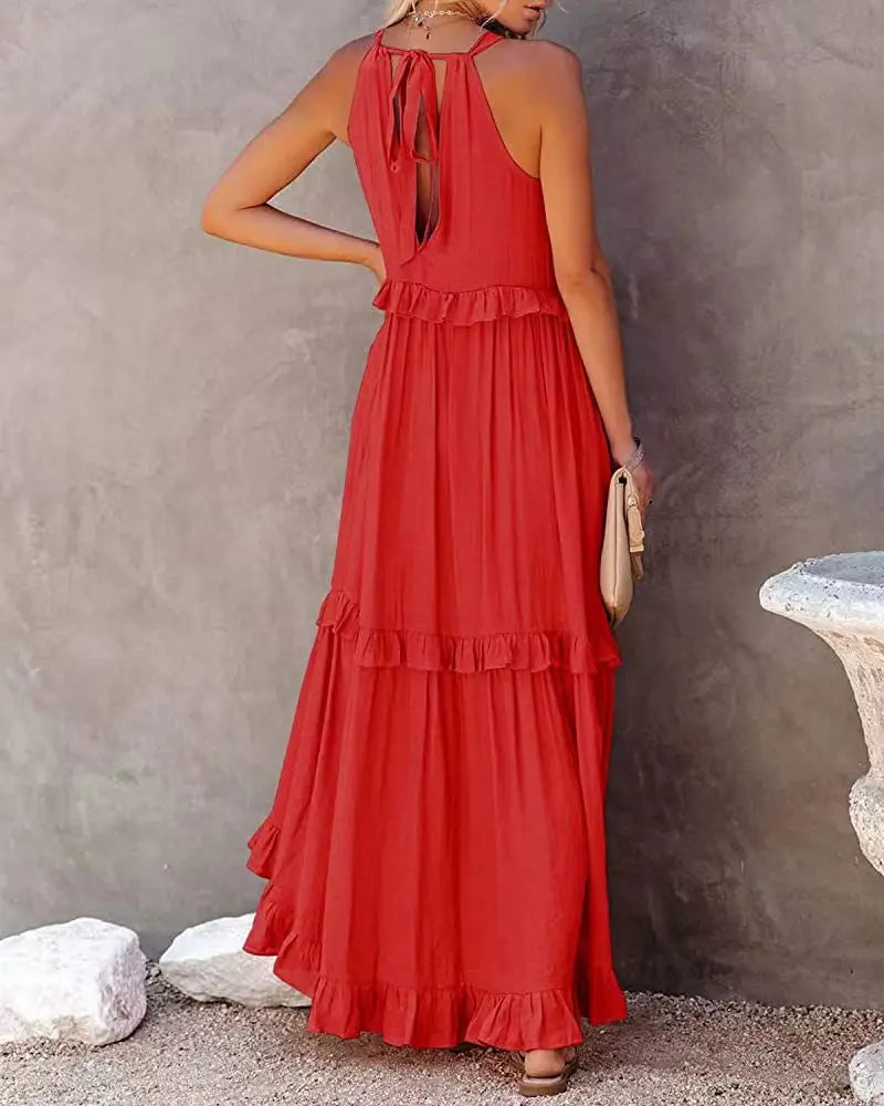 Women Halter Neck Maxi Dress Sleeveless Ruffle Tiered Loose Flowy Bohemian Beach Long Dress