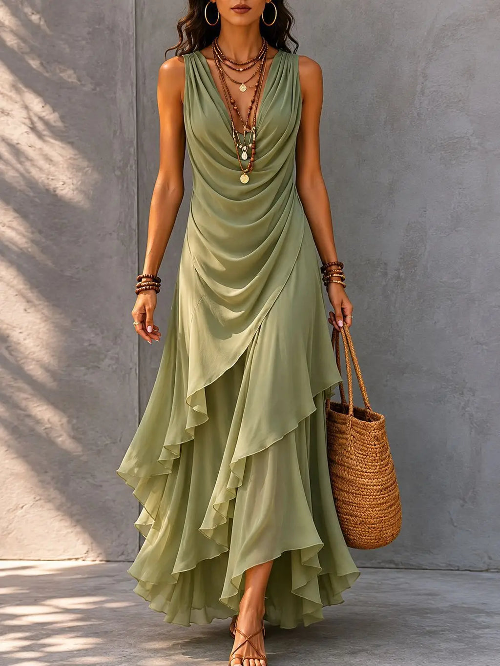 Womens V Neck Sleeveless Dress Summer Casual Long Dresses with Ruffle Hem Flowy Tiered Maxi Dresses