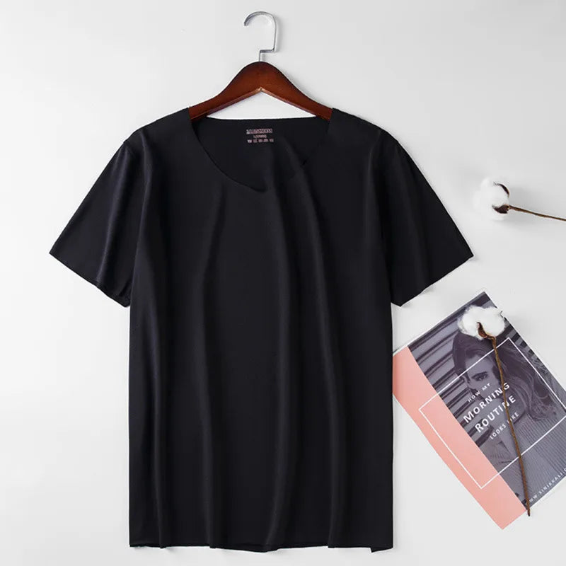 Men V Neck Ice Silk T Shirt Seamless Solid Color Slim Short Sleeve Summer Thin No Trace Invisible Bottoming Shirt Casual Daily