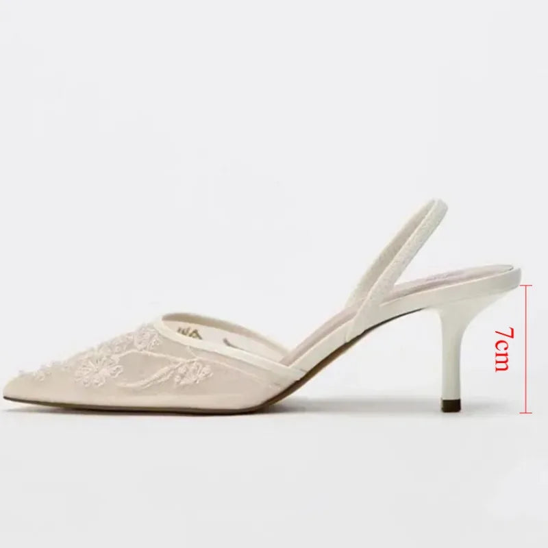 Ladies Flower Mesh Open Heel Sandals Shoes Sexy Designer High Heel Pointed Toe Stiletto Pumps Mules  women sandals