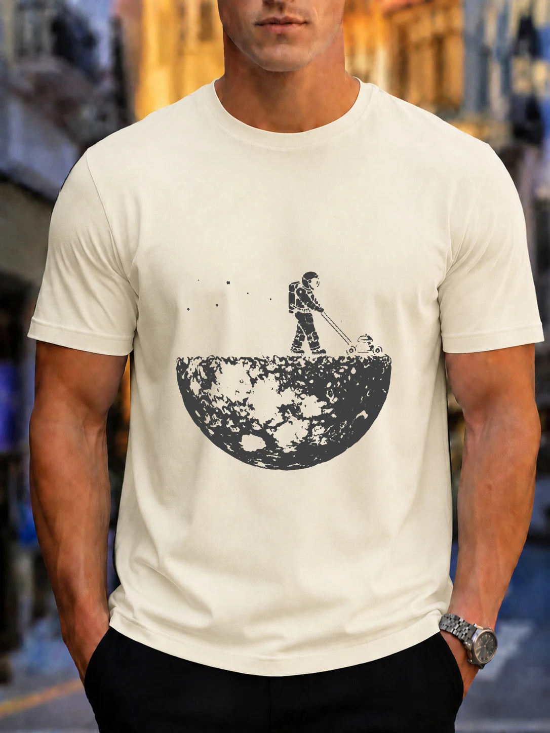 Men's Astronaut Mowing on the Moon Print Cotton T-Shirt - Casual