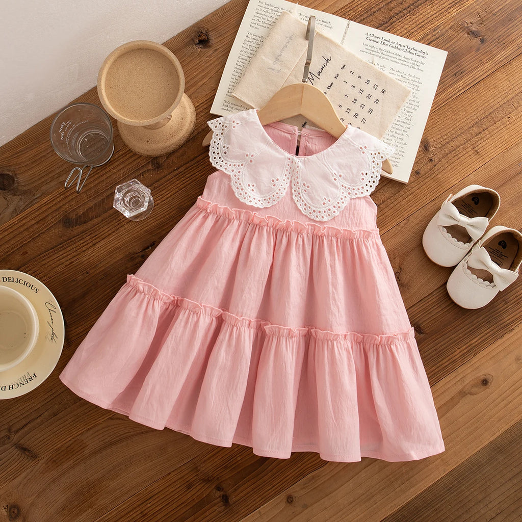 Baby Girl Dress Summer Cotton Solid Color Lace Edge Sleeveless Girls Dresses Simple Casual Beach Baby Girl Clothing