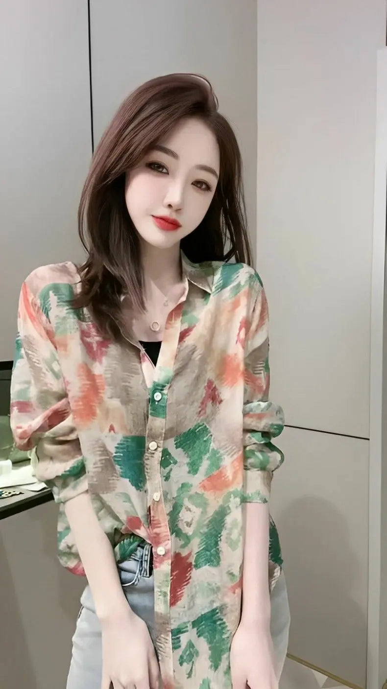 Spring 2026 Floral Print Loose Long Sleeve Women's Shirt Fashionable Versatile Korean Style Commute Polonaise Polyester Fiber