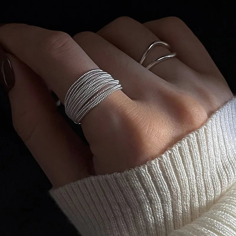 Panjbj 925 Sterling Silver Lines Ring For Women'S Jewelry Finger Adjustable Open Vintage For Birthday Dropship