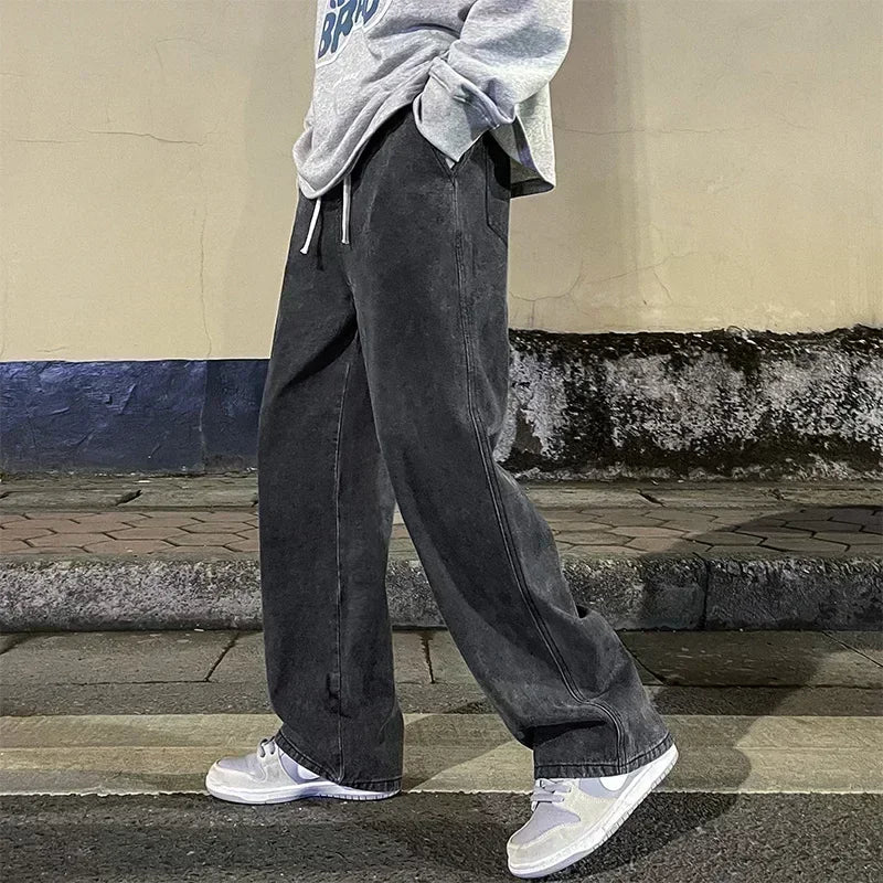 2026 New Streetwear Loose Jeans Men Korean Style Fashion Loose Straight Wide Leg Pants Men's Brand Clothing Black Light Blue