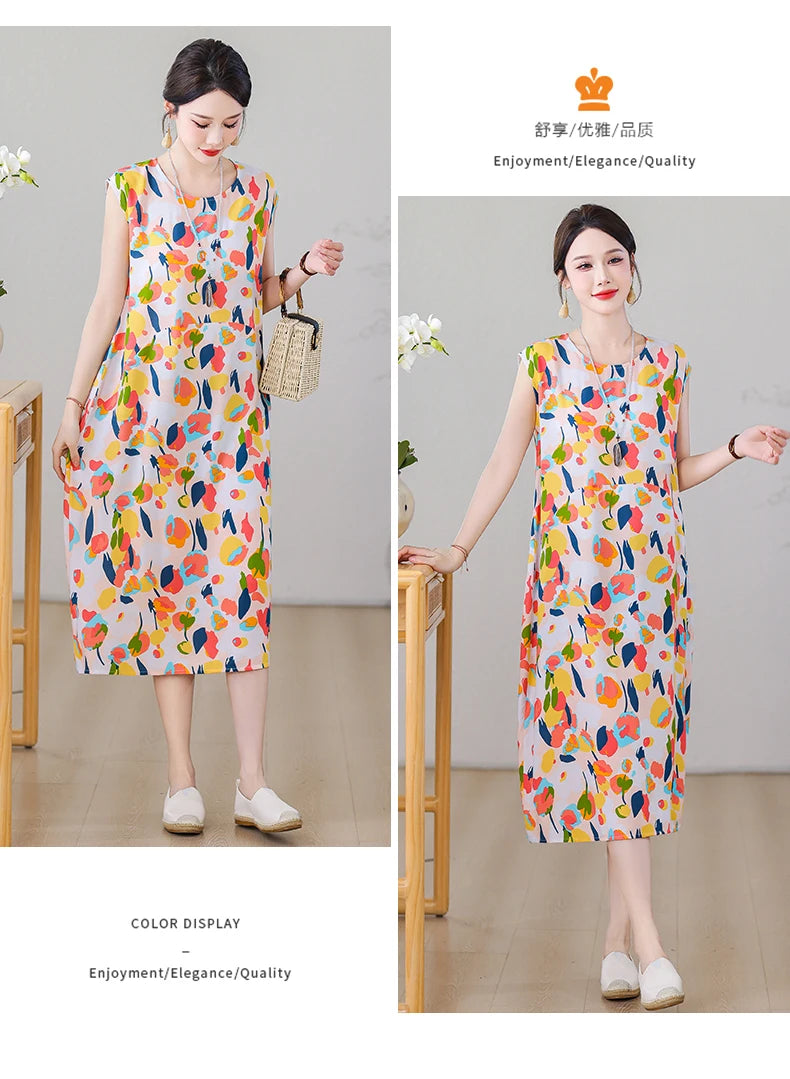 New Fashion Vintage Floral Print  Sleeveless Casual Party Femme Summer Dresses For Women 2025 O-neck Straight Women Clothing