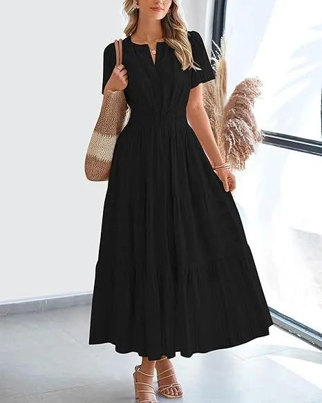 Summer Solid Color V-neck Tight Waist Dress French Style Elegant Pleated Large Swing Long Dress Casual Vacation Style Slimming M