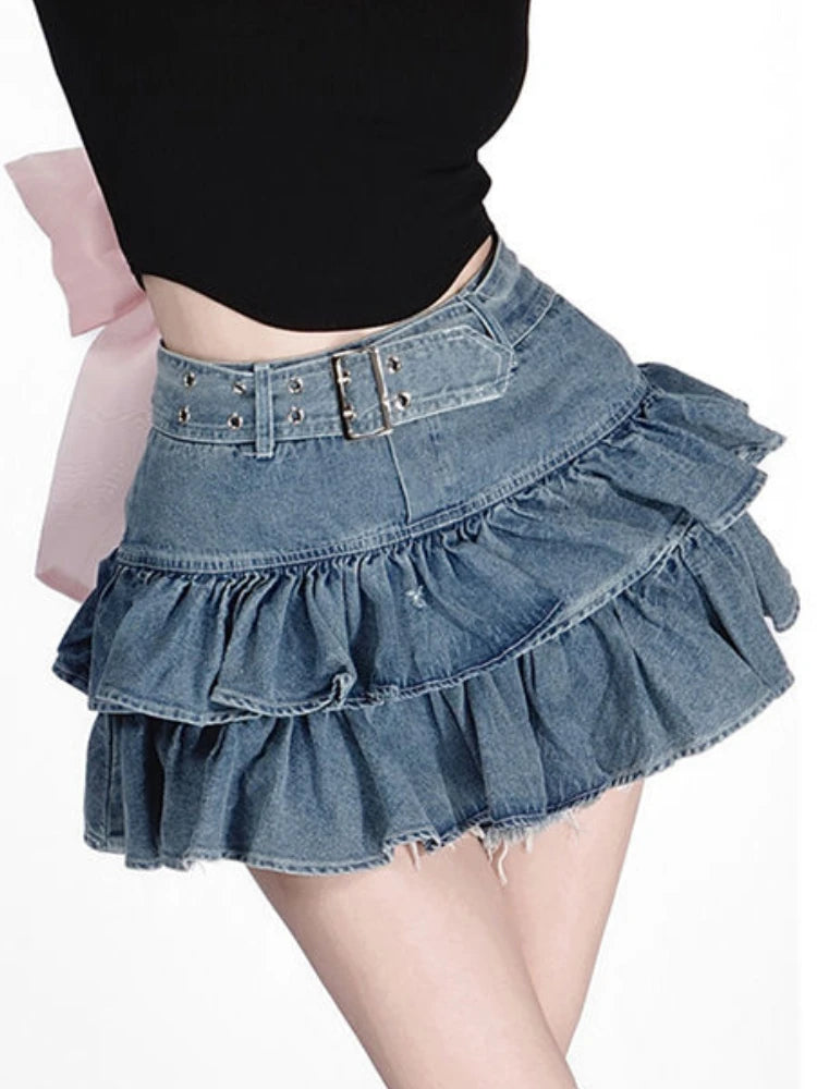 Mini Denim Skirts Women Summer Japanese Style Sweet Heart Ruffles Design Y2k Chic High Waist Distressed Aesthetic Fashion Faldas