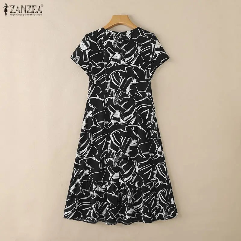 ZANZEA Women's Floral Printing Midi Dress V-Neck Short Sleeve Ruffled Hem Long Dress Summer Casual Daily Wear Robes Femme 3XL