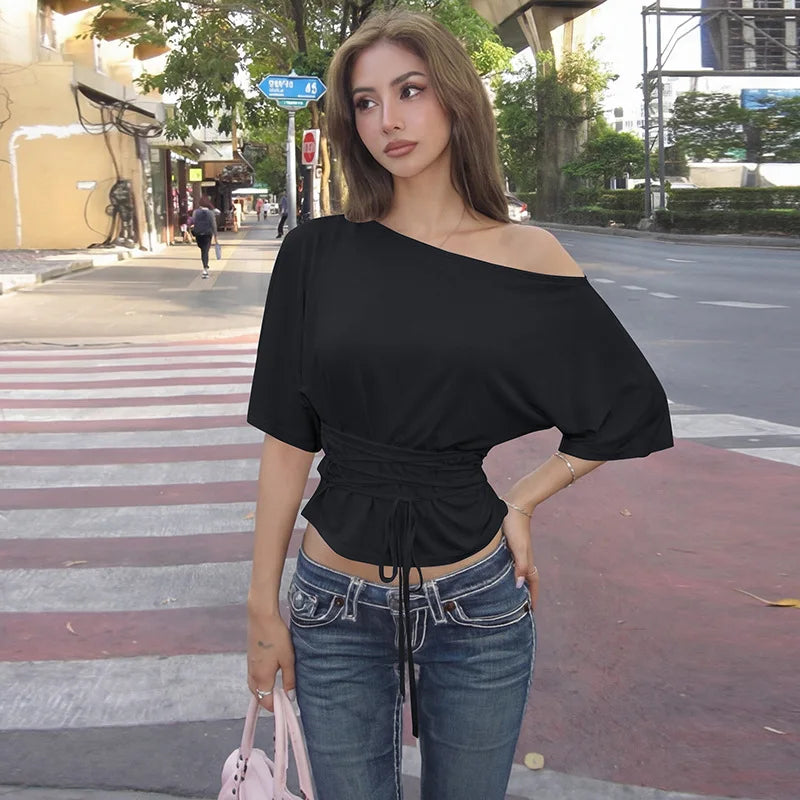 Casual Skew Collar Solid Slim Crop Tops Women Sexy Lace Up Short Sleeve T-shirt Autumn Female Streetwear Clothes Party Office