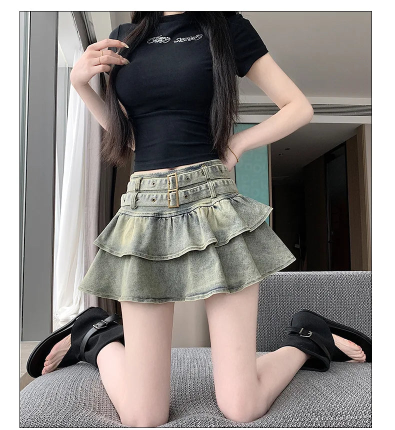 American Pure Desire Spicy Girl Design Elastic Denim Skirt Half-length Pleated Cake Skirt Short Commute High Elasticity