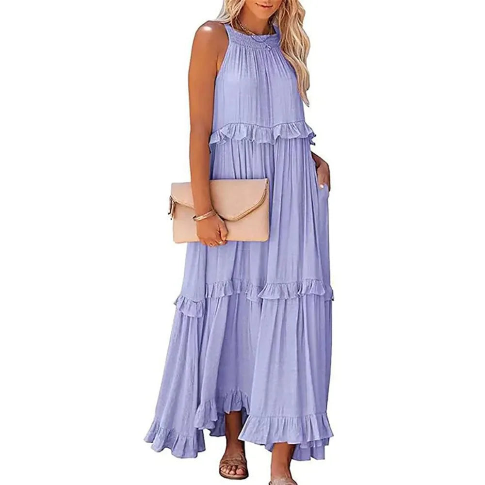 Bohemian Style Women Ruffles Long Dress Sleeveless Solid Color Smocked Halter Maxi Dress Layered design Loose Fit Halter Dress