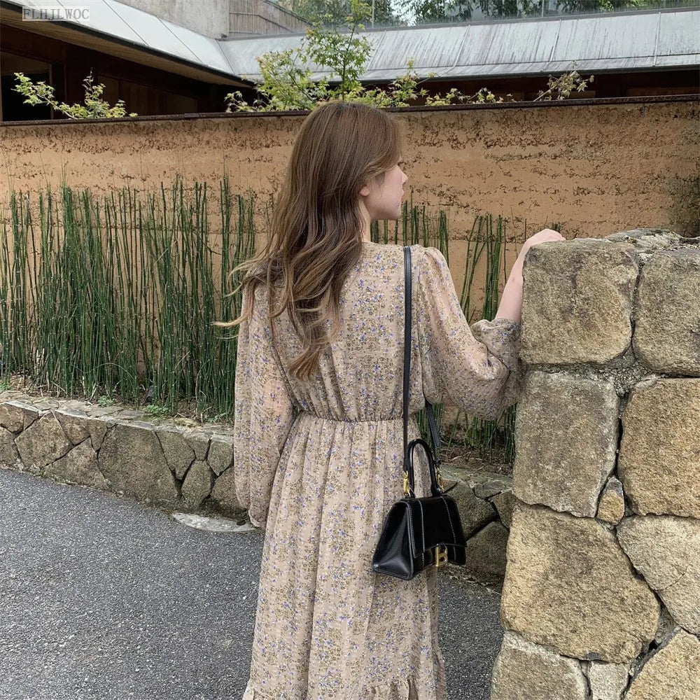 Chic Korean Clothes Design 2022 Autumn Spring Womens V Neck Elegant Lady Floral Printed Retro Vintage Long Maxi Dress