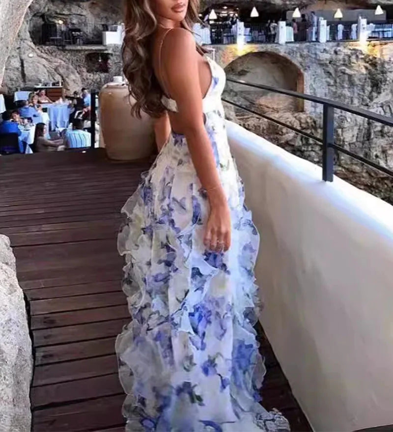 Elegant Boho Women's Summer Party Long Dress Sexy Floral Print Spaghetti Straps Backless Sleeveless Beach Sundress Maxi Dresses