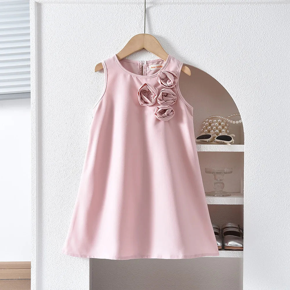 Bear Leader Pink Sweet Cute Princess Girl Dresses 3D Flower Decoration Sleeveless Birthday Party Dress Solid Color Kids Clothes