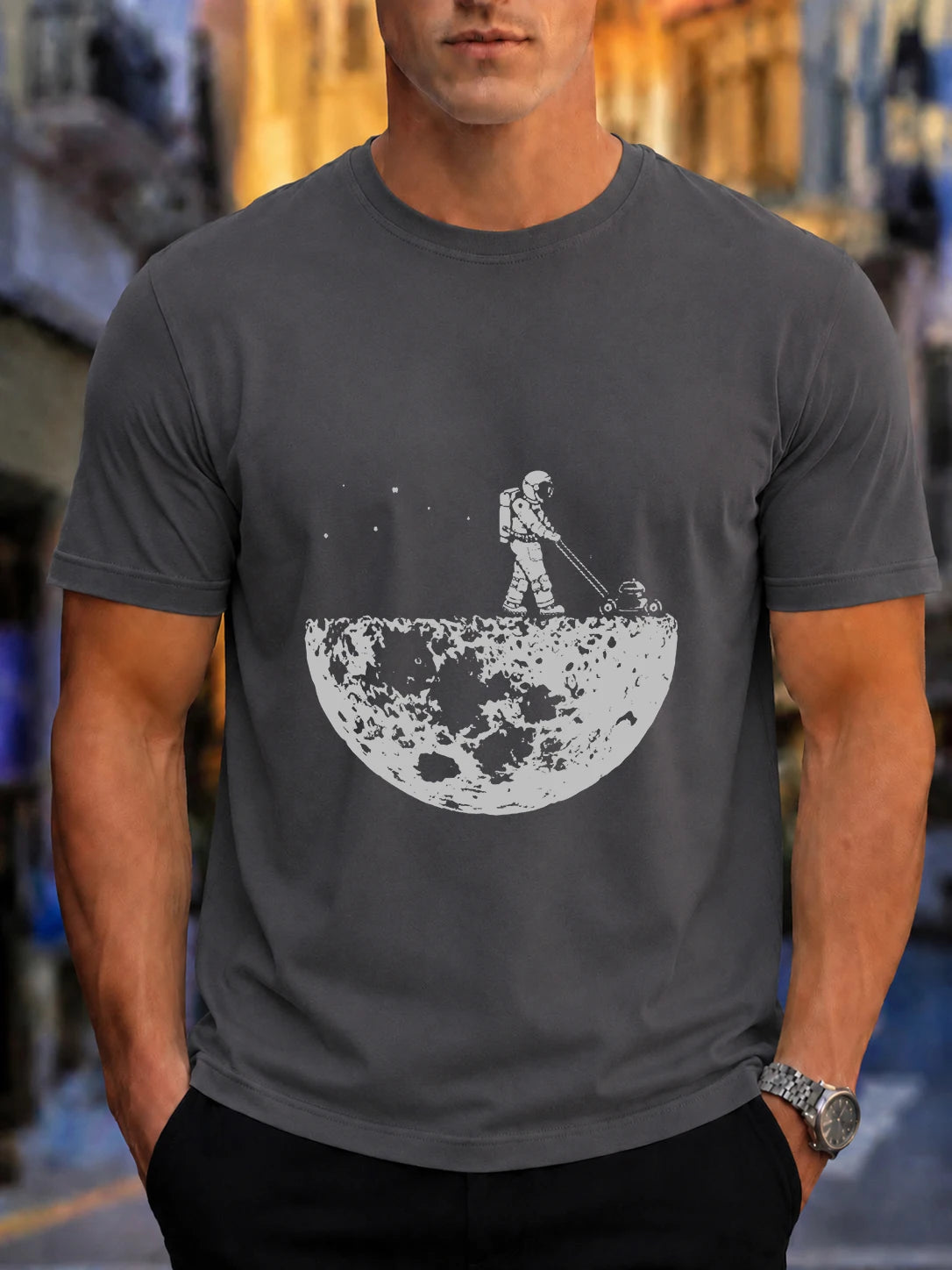 Men's Astronaut Mowing on the Moon Print Cotton T-Shirt - Casual
