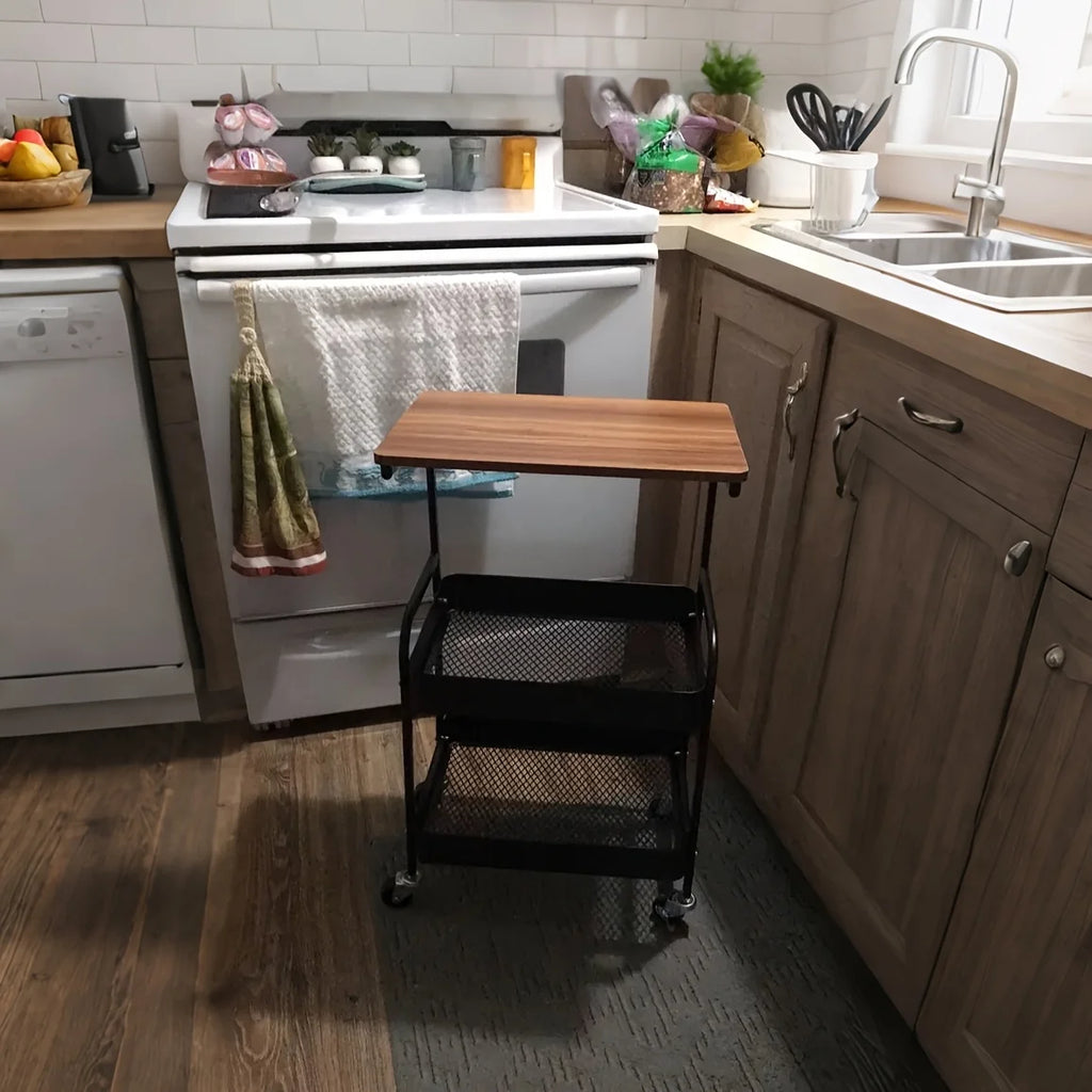 3-Tier Rolling Cart with Tabletop, Metal Tool and Snack Rack with Storage, Durable Carbon Steel Frame, Wheels for Easy Mobility