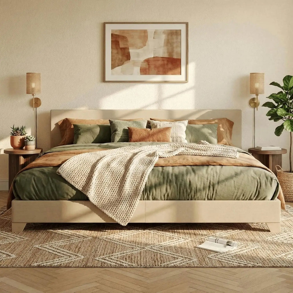 Linen Upholstered King Size Bed Frame with Headboard, Beige