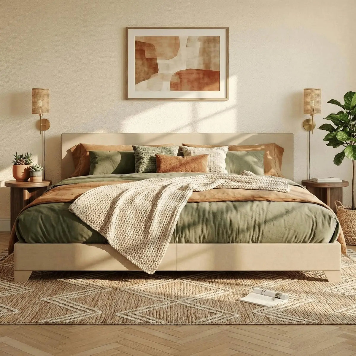 Linen Upholstered King Size Bed Frame with Headboard, Beige