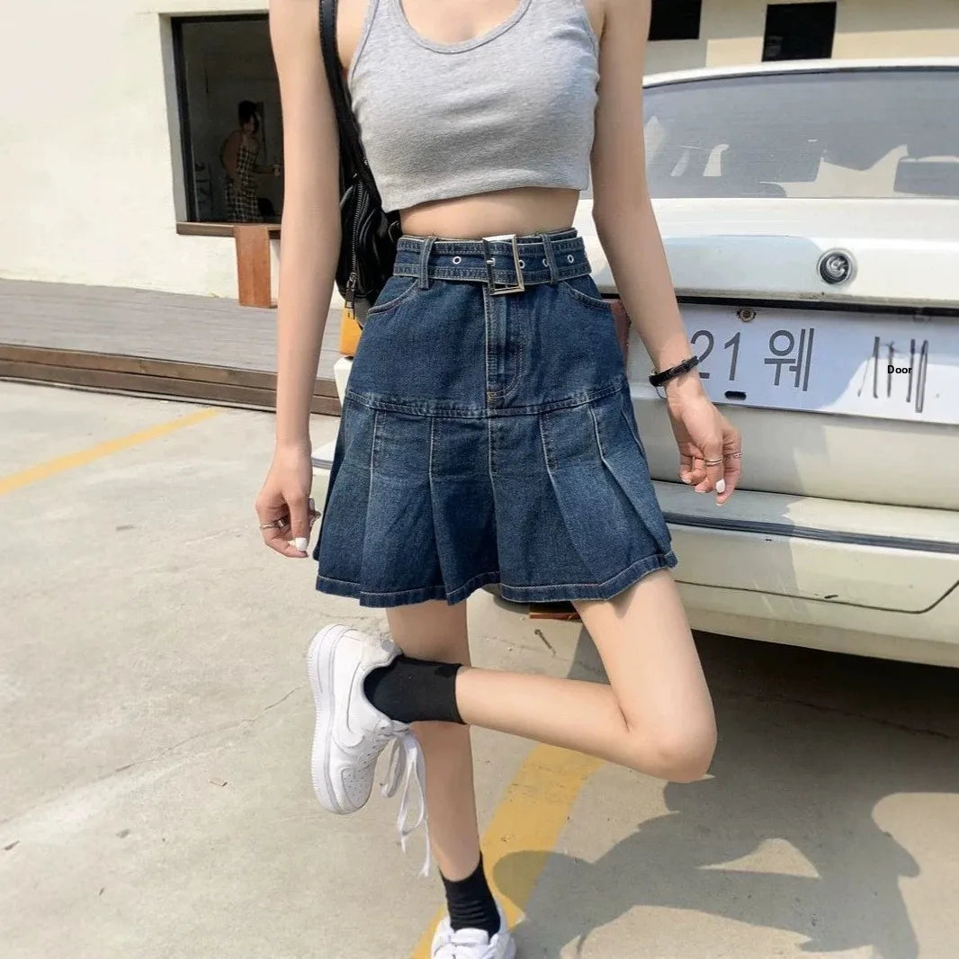 Spicy Girl Denim Half Skirt Women's Summer 2026 INS New Korean Retro High Waist Slim A-Line Pleated Short Skirt Trendy