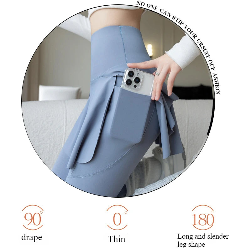 Women Fake Two Pieces Leggings Seamless Fitness Leggings High Waist with Pocket Elastic Slim Fashion Hip Liftting Yoga Pants