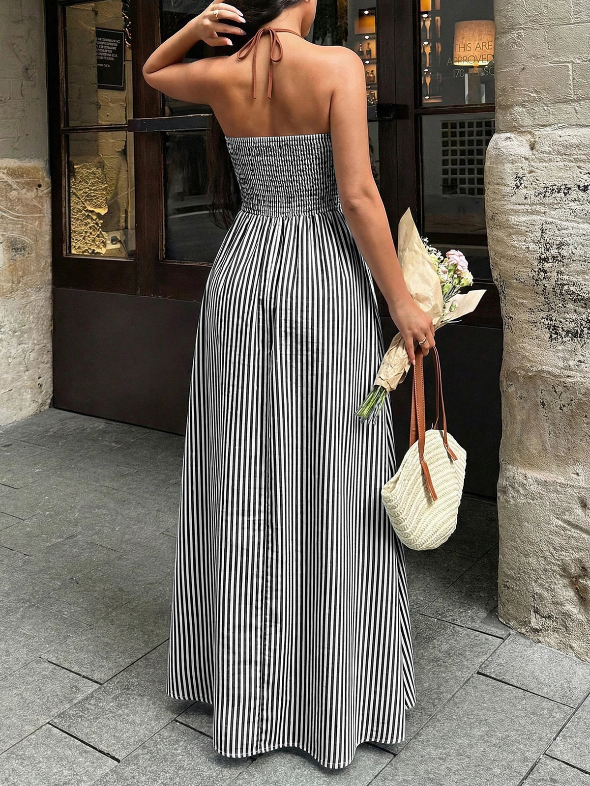Sexy Backless Sleeveless Neckline Long Dress 2026 Summer New Style Deep V-neck Striped Beach Dress