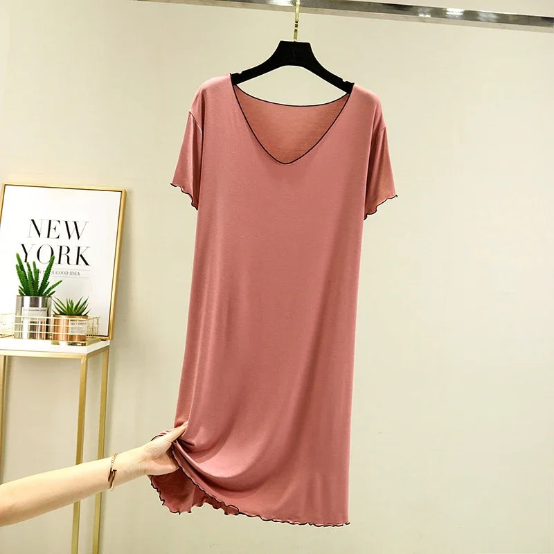 Loose Casual Modal Short Sleeve Dress V-Neck Base Skirt Thin Summer Floral Edge Sleep Dress Versatile Summer Dress