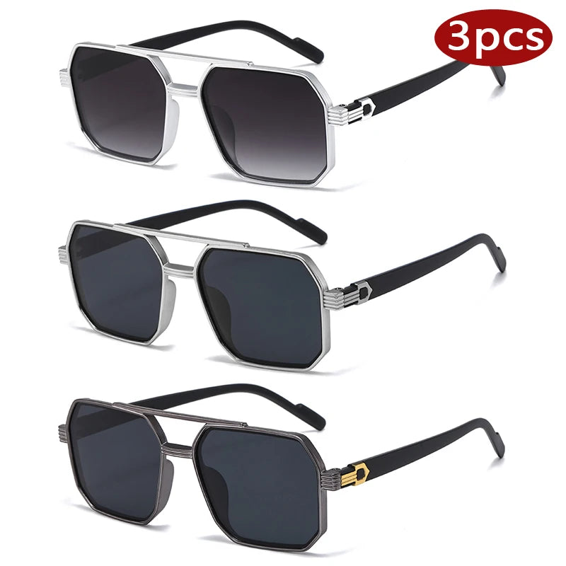 Hiking 3pcs Retro Large Frame Square Anti Light Glasses Classic Double Beam Metal Frame Shades Fashion Men'S Gradient Eyeglasses