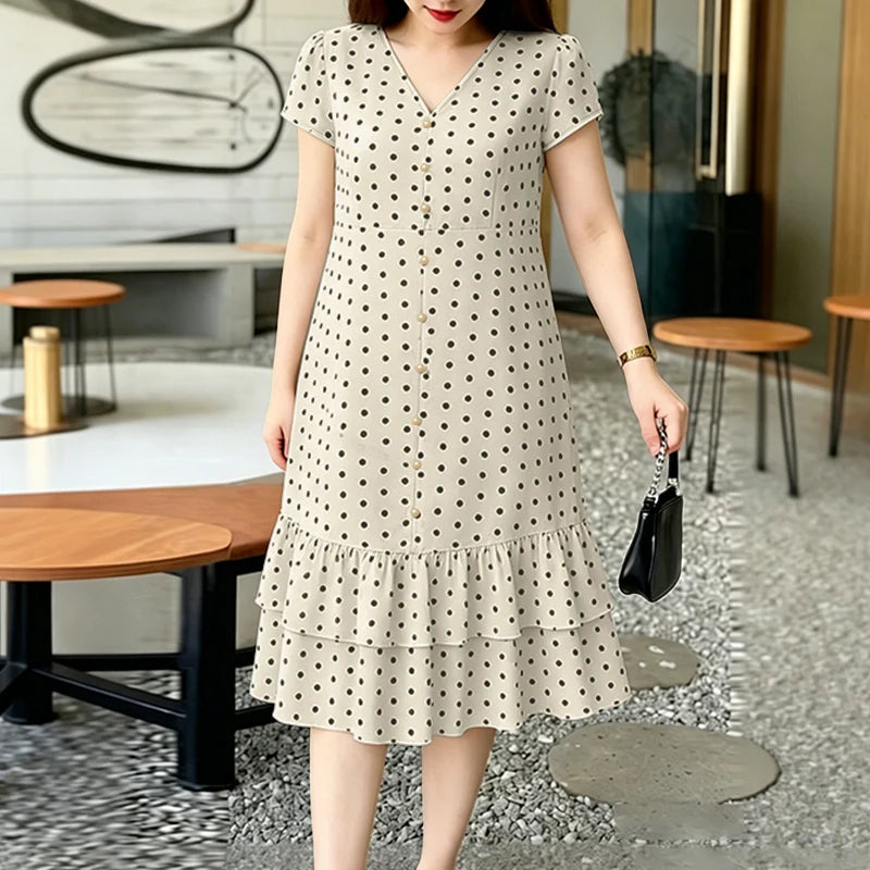 ZANZEA Summer Polka Dots Printed Women Dress Elegant Casual Holiday Beach Ruffled Sundress V Neck Short Sleeve Work Midi Dresses