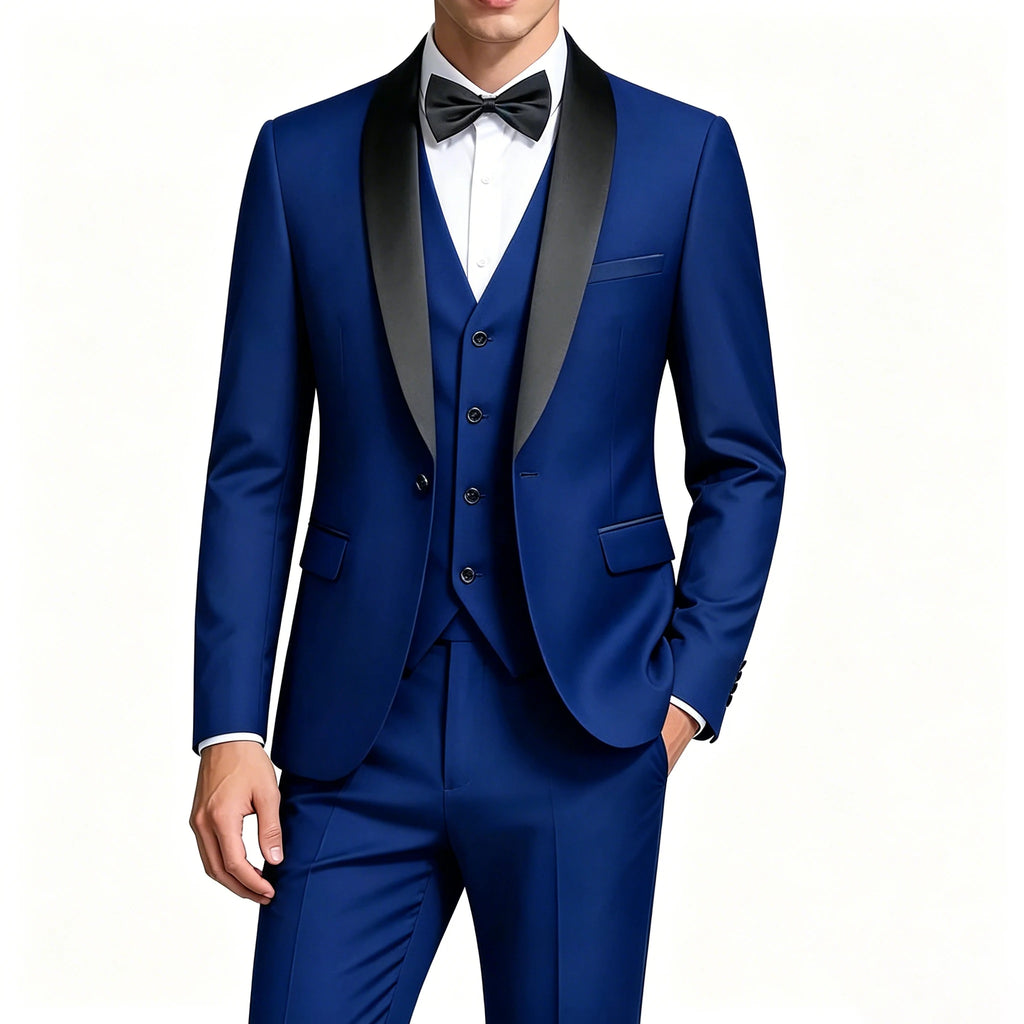 US Size XXS-3XL Men's 3 Piece Tuxedo Suit Set, Black Satin Shawl Lapel Slim Fit Blazer Vest Pants for Wedding Groom Party Prom