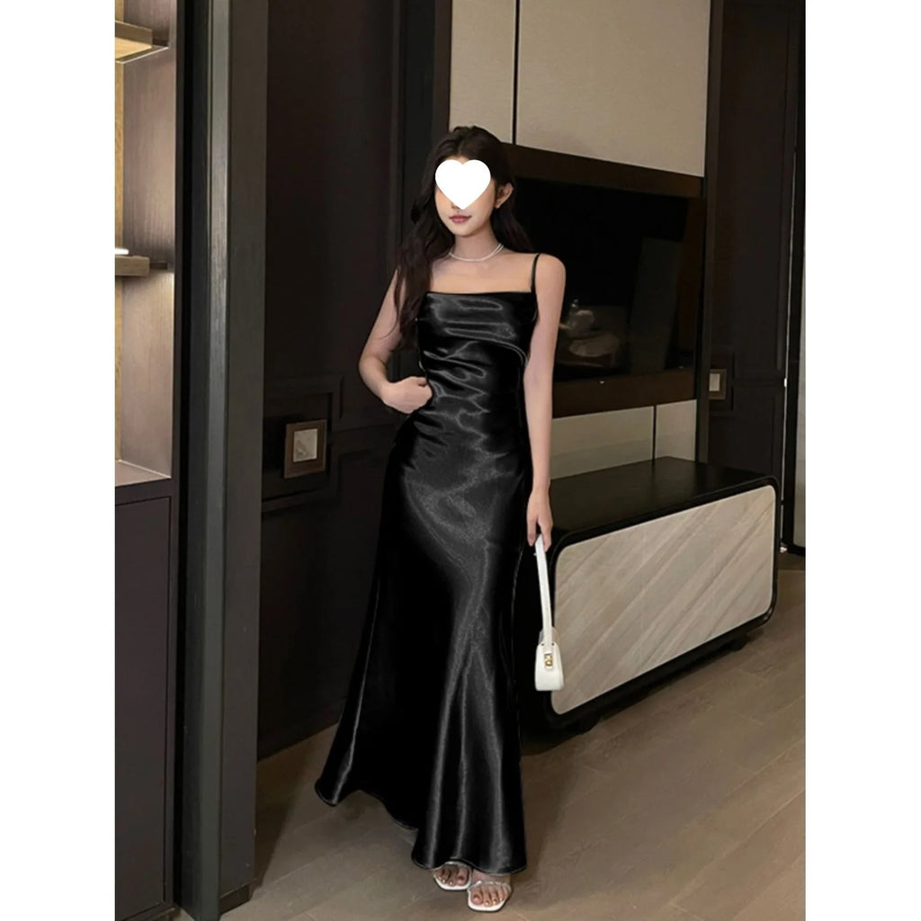 Elegant French Style Sling Satin Wrap Waist Slimming Long Dress Women's Fashion 2026 New Knitted Fabric Midi Skirt Dress