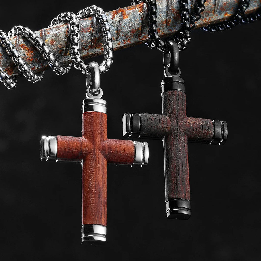 Wood Cross Exorcism Amulet Stainless Steel Men Necklaces Pendant Chain Punk For Women Fashion Jewelry Gift Wholesale Dropshiping