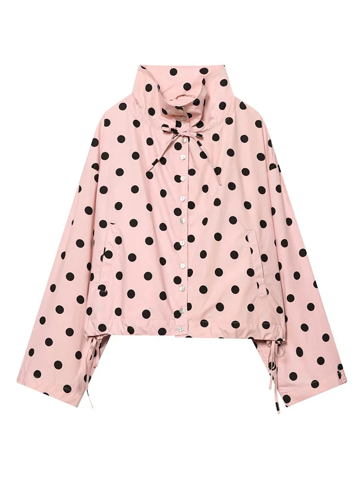 Woman Long Sleeve Pink Polka Dot Jacket Fashion Single Breasted High Collar Short Coat Women Spring Casual High Street Jacket