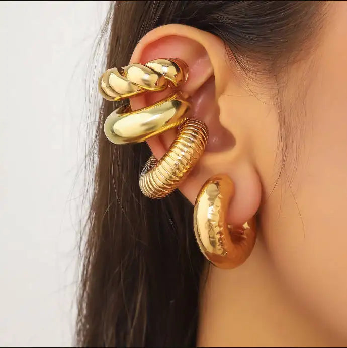 Elegant Clip On Ear Cuff Set For Women Silver No Piercing Leaf Circle Design 5 Pcs Gift Bundle