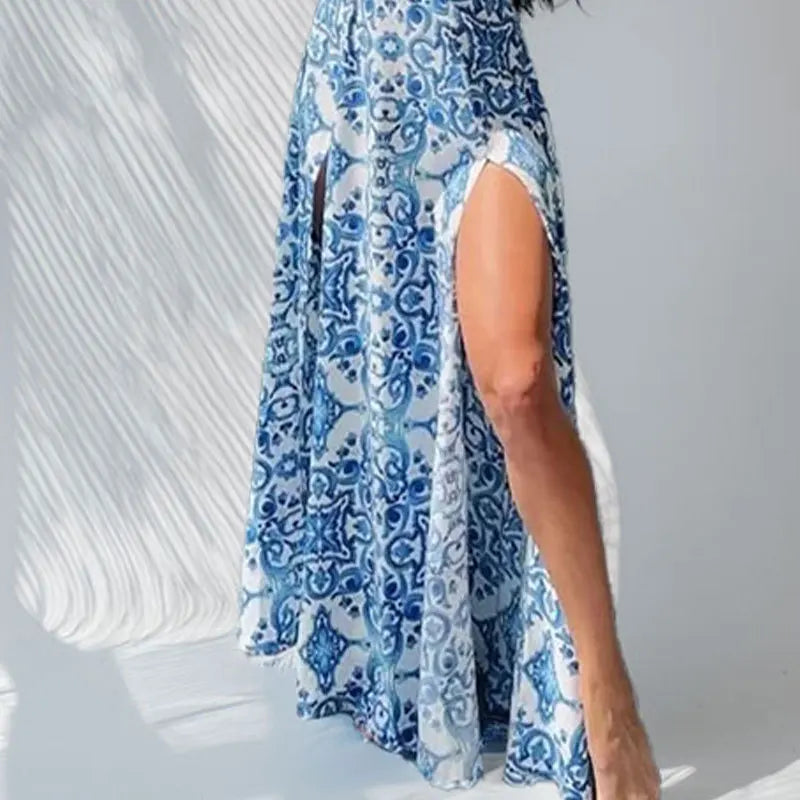 2026 Summer Elegant Woman Dress Spaghetti Strap Blue Floral Print Dresses High Waist Maxi Dress Blue White Print Slip Long Dress