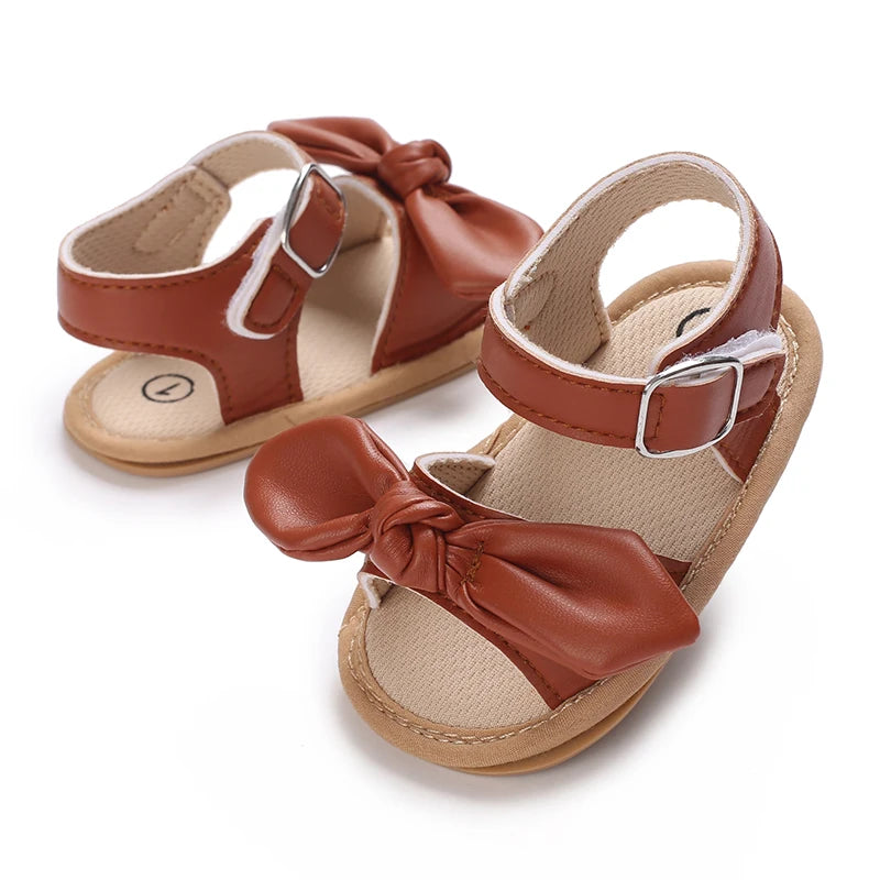 Brown Summer 0-18M Newborn Sandals Cute Bow Soft Rubber Sole Anti Slip Breathable Baby's First Pair Of Walking Shoes