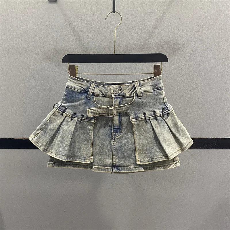Retro American Denim  Skirt Women's Spring Summer Design Slimming Sexy A-Line Pleated Short Skirt High Waist Cotton Polye...