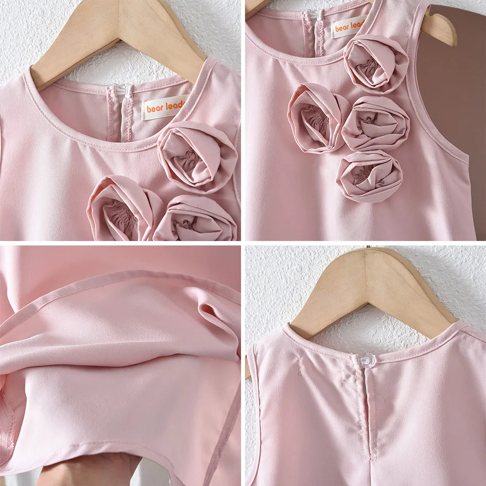 Bear Leader Pink Sweet Cute Princess Girl Dresses 3D Flower Decoration Sleeveless Birthday Party Dress Solid Color Kids Clothes