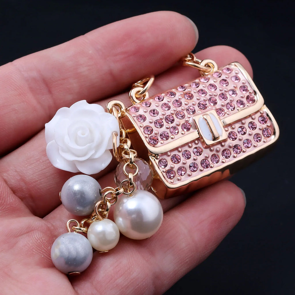 Fashion Crystal bag Shape Flower Rhinestone Keychain for Women's bags Pendants Decoration Accessories Car keyrings Jewelry