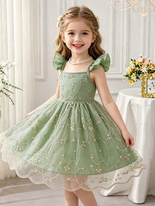 Girls' Green Floral Tulle Princess Dress, Summer Flutter Sleeve Spaghetti Strap Puffy Skirt, Sweet Kids' Dress