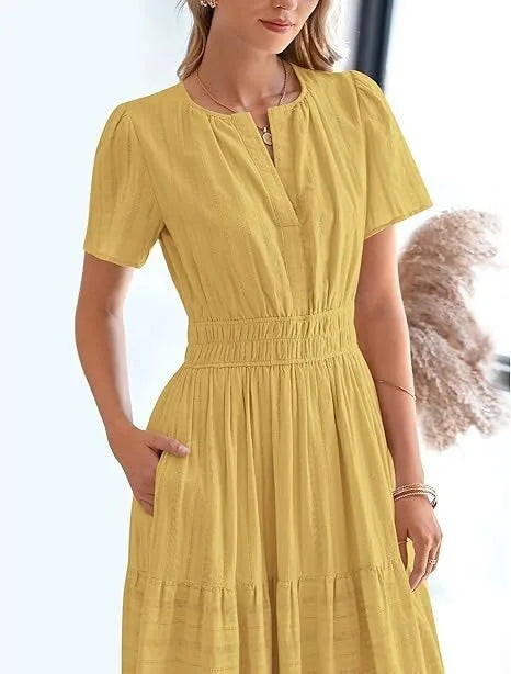 Summer Solid Color V-neck Tight Waist Dress French Style Elegant Pleated Large Swing Long Dress Casual Vacation Style Slimming M