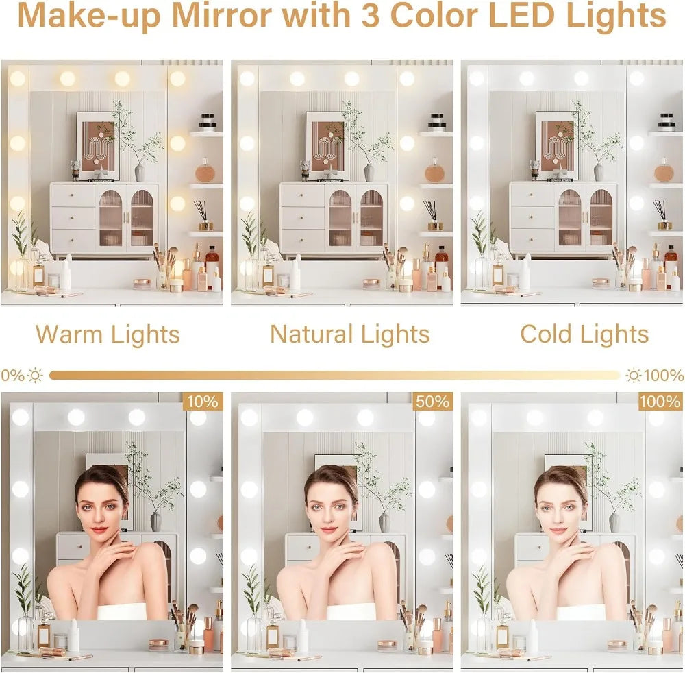 Women White Vanity Table with Drawer Dresser LED Mirror