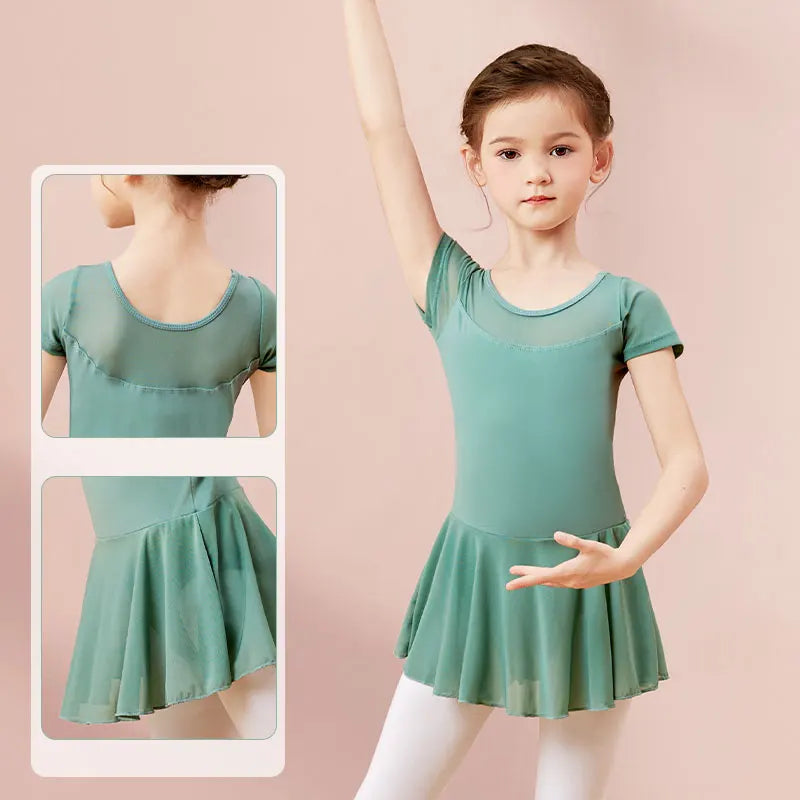 Girls Ballet Leotard Dress – Mesh Splice Short Sleeve Chiffon Skirted Dance Costume