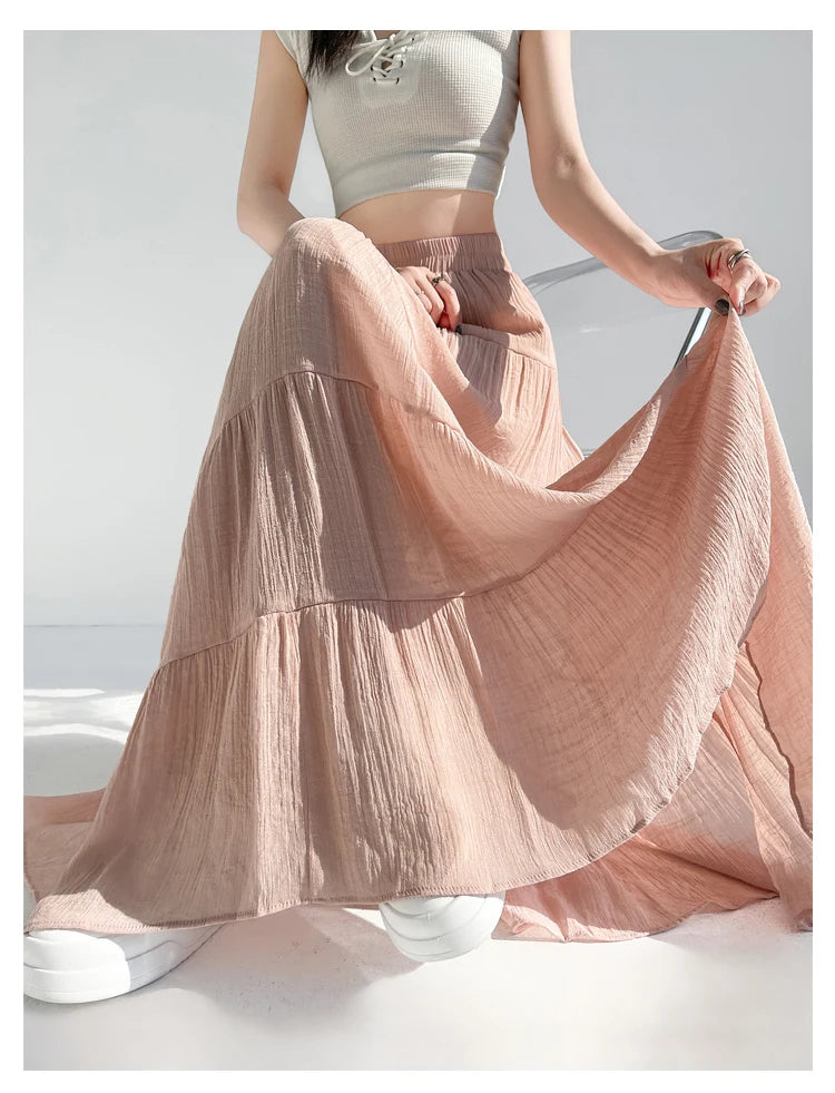 linen patchwork skirt for women in summer, high waist, medium length cake skirt, elegant umbrella skirt, slimming long skirt