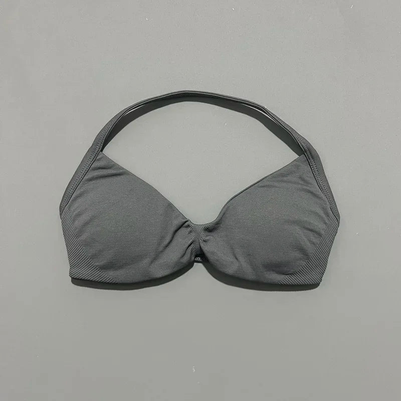 HISTELLO Strappy Bra Gym Top Women High Support Thin Strap Halter Sports Seamless Bras Scrunch Push-up Workout Yoga Tank Tops