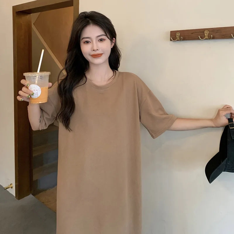 Women's Summer Plus Size Casual Dress 2026 New Loose Solid Color Knee Length Split Hem T Shirt Dress
