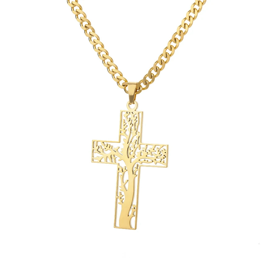 Stainless Steel Jesus Cross Necklace For Women'S Men Gold Color Caravaca Angels Crucifix Charm Choker Rapper Jewelry Hip Hop