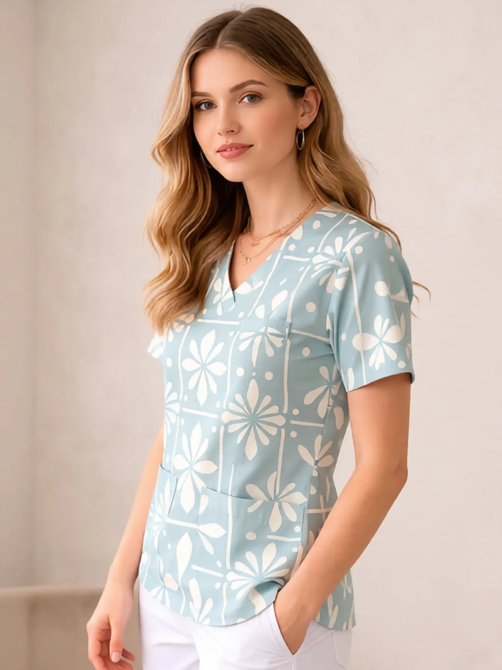 Elegant Floral Pattern Casual Fit Ladies Easy V Neck Nursing Uniform Top Featuring Roomy Front Pockets Loose Fit For Clinic Duty