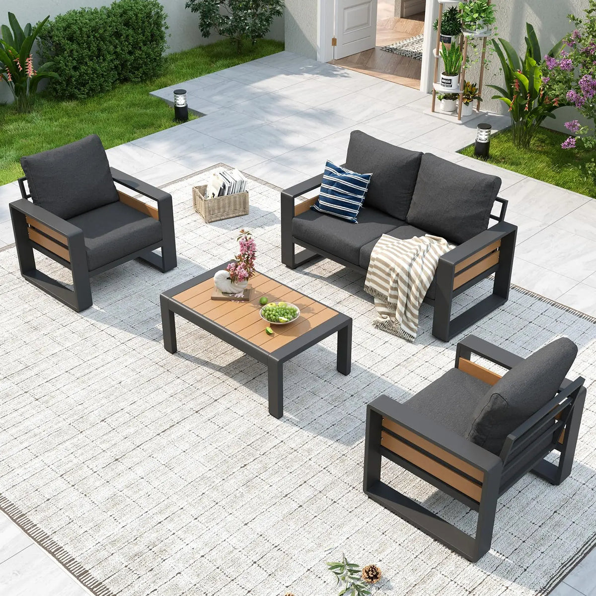 4-Piece Aluminum Outdoor Sectional Sofa Set with Olefin Cushions